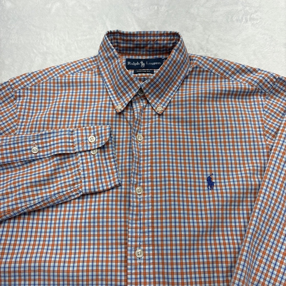 Ralph Lauren Custom Fit Plaid Oxford Shirt Men 15.5 34/35 Orange Blue